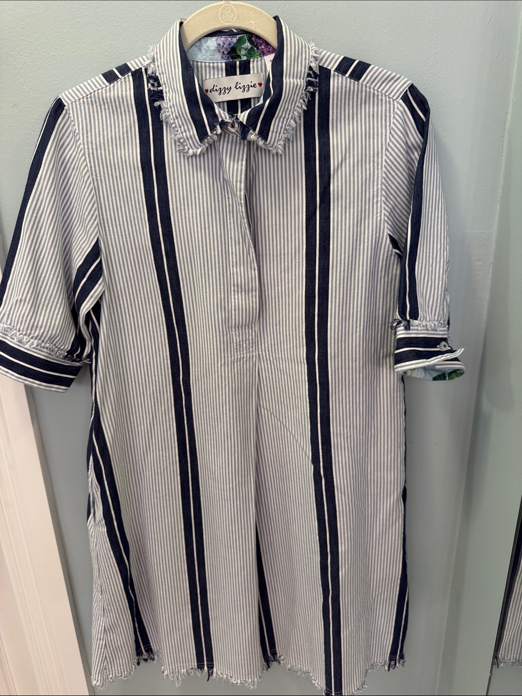 Dizzy Lizzie Navy And White Striped Whimsical Fringed Dress